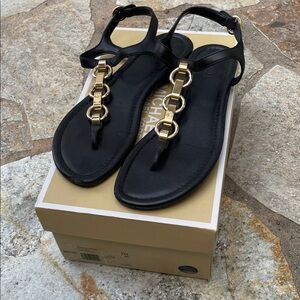 Michael Kors Black Leather T-Strap Sandals with Gold Chain Links